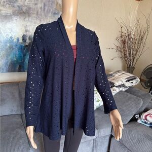 Nina Leonard Navy Open-Front Cardigan